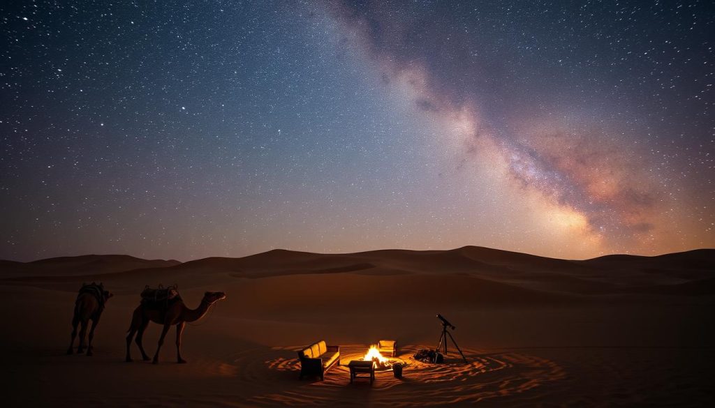 An image of a camel caravan moving across large sand dunes at twilight